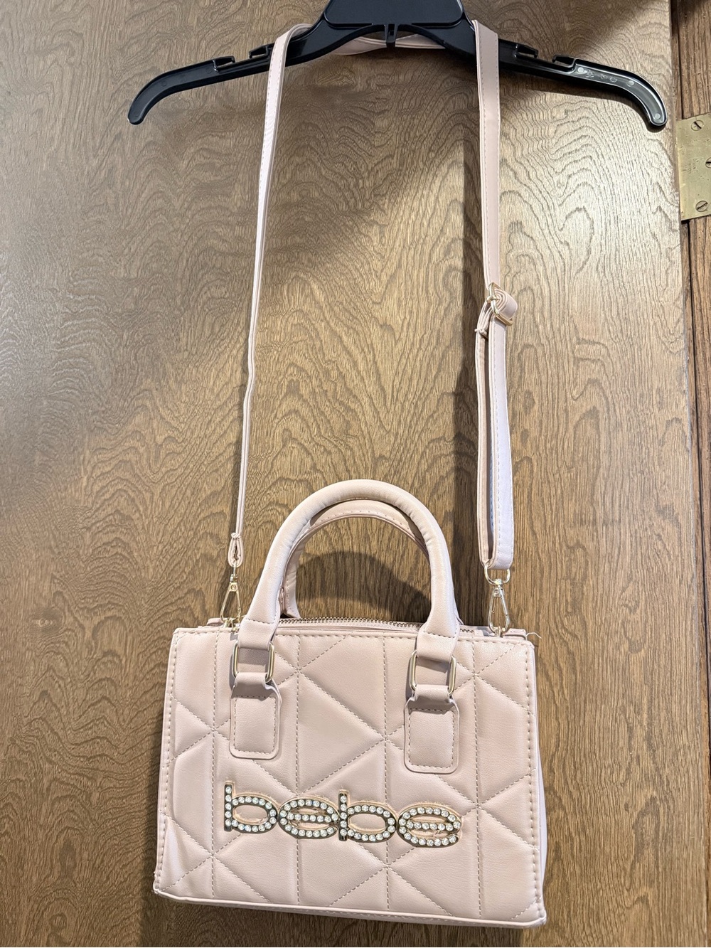 bebe Quilted Mini Tote in Light Pink with Rhinestone Logo